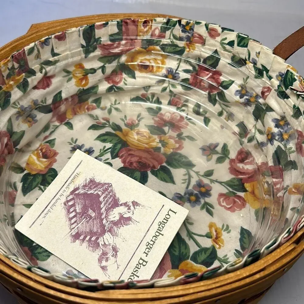 Longaberger Vintage Darning 1995 Round Basket‎ Leather Handles Floral Liner